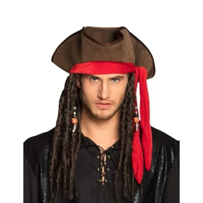 Afbeelding van Bruine piratenhoed met pruik voor volwassenen Verkleedhoofddeksel