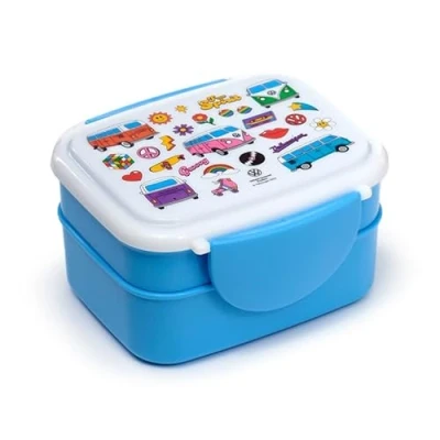 Afbeelding van Bentobox/Lunchbox Volkswagen Busje VW T1 Retro Wit&amp;Lichtblauw Bestek 8.5x12x15cm