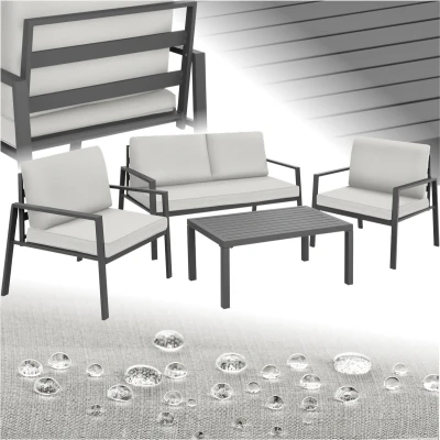Afbeelding van tectake® aluminium loungeset met 2 fauteuils, 1 bank, bijzettafel outdoor tuinset kussens loungemeubelset voor balkon tuin, wintertuin, terrasmeubilair lichtgrijs
