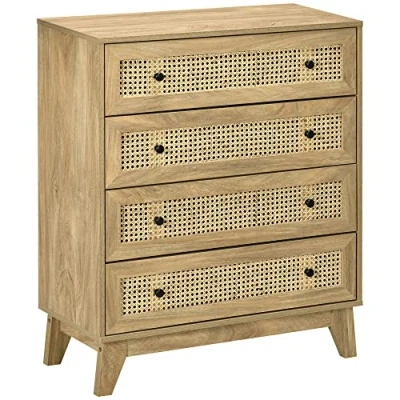 Afbeelding van HOMCOM Commode met 4 laden, rieten van rotan, 80 x 35 95 cm, licht houtlook