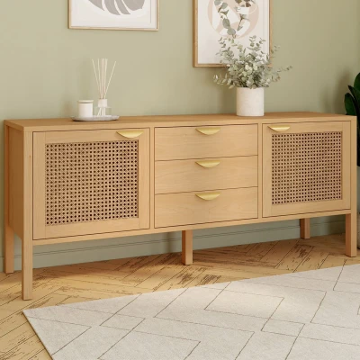Image de Buffet bas 140 cm EDHEN 2 portes et 3 tiroirs bois cannage IDMarket