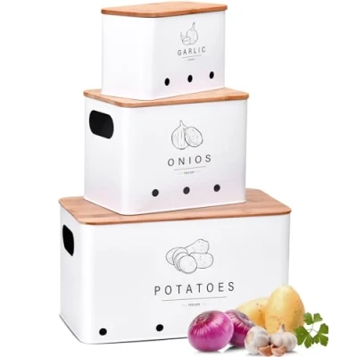 Afbeelding van YESLUSY Aardappelopbergdoos, 3 delige set, keukenopslag voor uien, aardappelen, knoflook, opbergdoos keuken met ventilatiegaten, opslag en lange houdbaarheid (wit)