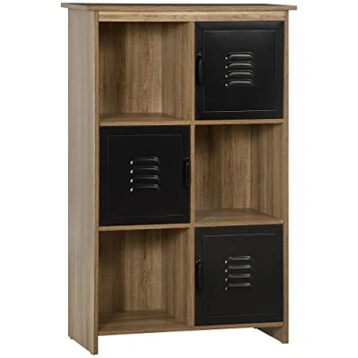 Afbeelding van HOMCOM Boekenkast industrieel design opbergkast met 3 nissen en vakken houtlook zwarte metalen deuren