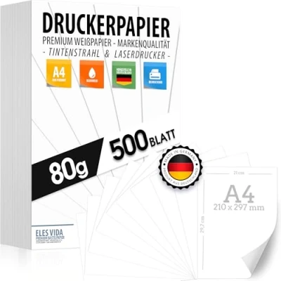 Afbeelding van 500 vellen A4 printpapier, 80 g, zuiver wit, DIN A4, 21 x 29,7 cm, kopieerpapier, laserprinter en inkjetprinter voor universiteit, fotografie, presentaties, ideaal universiteit