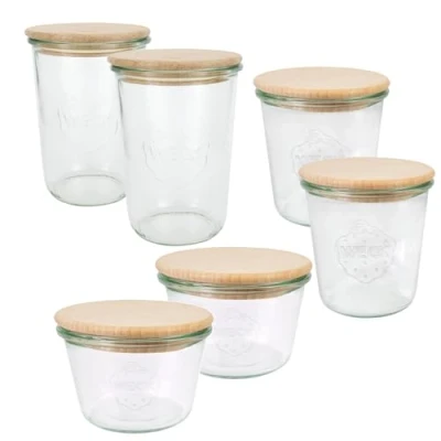 Afbeelding van Weck 79213 Set van 6 glazen potten (2 x 250 ml, 2 500 750 ml met houten deksel, voor het bewaren levensmiddelen)