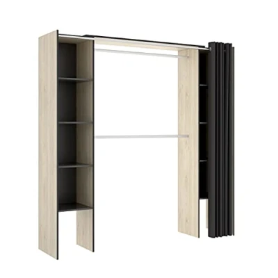 Afbeelding van Verstelbare kledingkast DORIAN met gordijn L110/180cm Kleuren: Eik en antraciet L 180 cm x H 205 D 50