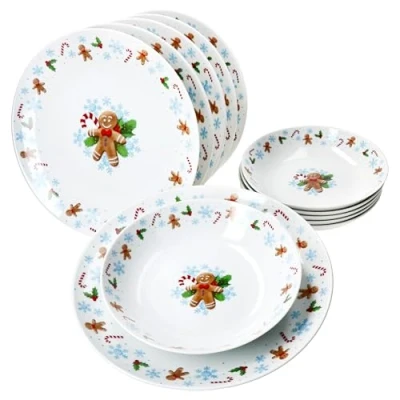 Afbeelding van MamboCat Candyman 12 delig porseleinen tafelservies voor 6 personen met ijsblauwe kerstdecoratie, soepborden en platte borden