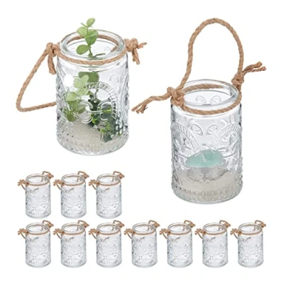 Afbeelding van Relaxdays windlicht glas set van 12 theelichthouder buiten tuin sfeerverlichting