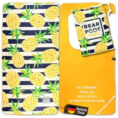 Afbeelding van BEARFOOT microvezel handdoek met opbergvak sneldrogende handdoeken sauna handdoek, XXL strand badhanddoek groot, reishanddoek reizen, strand, sauna(Pineapple,160x80)