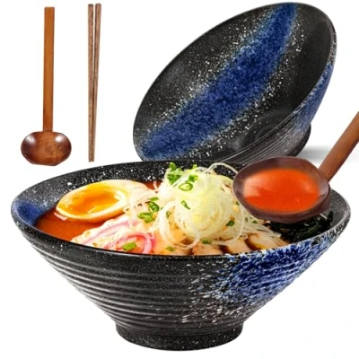 Afbeelding van Ramen Set van 2 keramische kommen (6 stuks) Bowl met lepel en eetstokjes, Japanse antislip kom voor ramen, salade, muesli, 1000 ml, 20 x 9 cm
