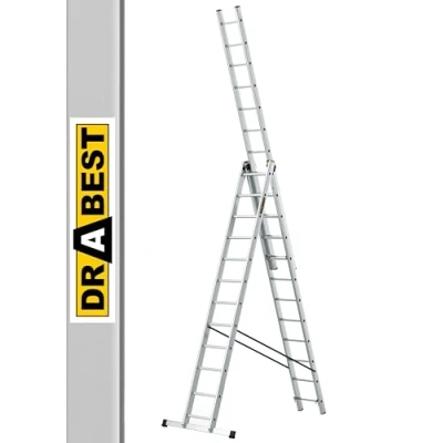 Afbeelding van DRABEST PRO Sèries Multifunctionele ladder van aluminium, 3 x 12, trapladder met drie delen, tot 150 kg, werkhoogte 8,09 m, vouwladder, inclusief emmerhaak