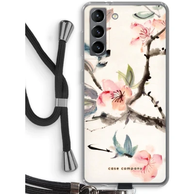 Afbeelding van Case Company® hoesje met Koord geschikt voor Samsung Galaxy S21 Japanse bloemen Telefoonhoesje Zwart Bescherming aan alle Kanten en Over de Schermrand