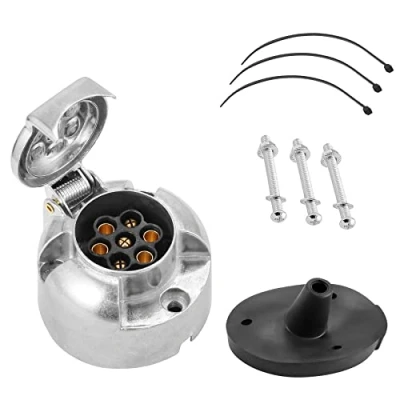 Afbeelding van SPARKMOTO 12 V waterdichte stekker voor aanhanger, 7 polig, metaal, trekhaak, vrouwelijk, van met bescherming achter stopcontact, adapter trekhaak aluminium