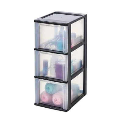 Afbeelding van Iris Ohyama OCH 2300 Opbergtoren, organizer, 3 laden van 13 liter, A4 formaat, transparant, voor kantoor of woonkamer, zwart