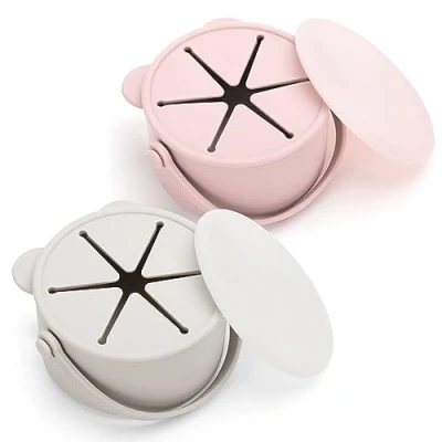 Afbeelding van Orzbow Snackbeker van siliconen, 2 snackboxen voor kinderen met handgrepen en deksel, BPA vrij, vaatwasmachinebestendig, stofdicht morsen, roze + beige