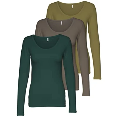 Afbeelding van ONLY Set van 3 basic T shirts met lange mouwen voor dames, zomerkleding, zwart/wit, 95% katoen, maat XS, S, M, L, XL, 15209156, kleuren Mix 8