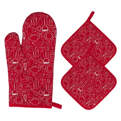 Afbeelding van Keukenhandschoenen van katoen, hittebestendig, voor barbecue, keuken, oven, 1 ovenhandschoen + 2 geïsoleerde placemats (rood)