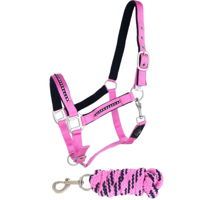 Afbeelding van HKM Halster + Touw Crystal Zacht Onderlegd Roze/dblauw Cob