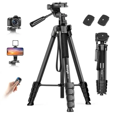 Afbeelding van Nineigh Camera telefoonstatief, 190,5 cm licht statief met 3 weg panoramakop, horizontaal voor smartphone afstandsbediening en draagtas fotografie