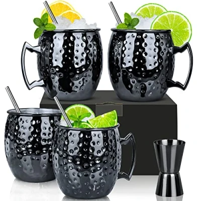 Afbeelding van Moscow Mule mok Set van 4 met 1/5 oz dubbele Jigger, zwart vergulde roestvrijstalen 18 oz, perfect voor koude drank (4 stuks zwart)