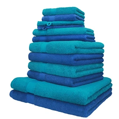 Afbeelding van Betz Palermo handdoeken, 12 stuks, 2 badhanddoeken, 4 gastendoekjes, washandjes, 100% katoen, kleur blauw en petrol