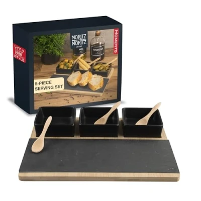 Afbeelding van Moritz &amp; 8 delige serveerschalen set zwart incl. lepel, serveerplank en leisteen plaat keramische schalen als tapas schalen, dip schaaltjes, snackschaal
