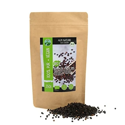Image de Alpi Nature Poivre Noir BIO 250g, Grains de Entiers pour la Cuisine, Piper Nigrum