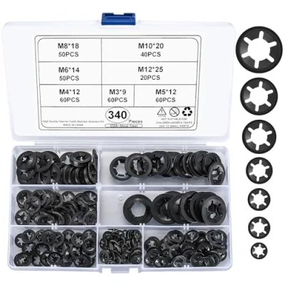 Afbeelding van 340 delige Veiligheidsschijven, Starlock Sluitringen, Binnenvertanding Snelsluiting, Borging Ringclip Snap Assortiment Kit M3/M4/M5/M6/M8/M10/M12, Zwart