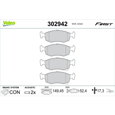 Afbeelding van VALEO 302942 Remblokkenset Vooras Incl. slijtage waarschuwingscontact Zonder schroeven, Met anti kreukplaat FIAT: 500 Hatchback, C Convertible