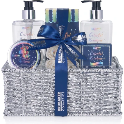 Afbeelding van BRUBAKER Cosmetics 10 Stuks Eenhoornschoonheidsset Cadeautip Cadeau Idee Kleurrijke Regenboog met Vanille Lavendelgeur in Geschenkmandje Zilver Moederdag cadeautje