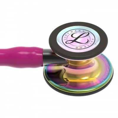 Afbeelding van Littmann Cardiology IV Stethoscoop borststuk met hoogglanzende regenboogkleurige afwerking, frambooskleurige slang, rookkleurige steel en headset, 69 cm, 6241