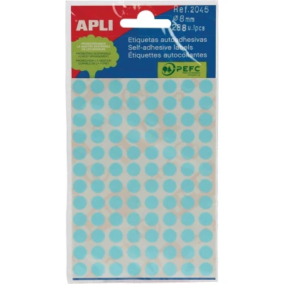 Afbeelding van Apli ronde etiketten in etui diameter 8 mm, blauw, 288 stuks, 96 per blad (2045) etiket