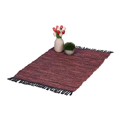 Afbeelding van Relaxdays vloerkleed leder en katoen binnenkleed 60 x 100 cm chill mat tapijt Bordeaux