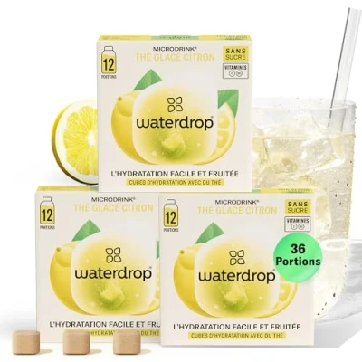 Image de waterdrop® Thé Glacé Citron, 12 cubes d&#039;Ice Tea Sans Sucre, Saveur Vert + Pastilles d&#039;eau aromatisées pour boissons, Extraits naturels de fruits et plantes, Enrichi en vitamines