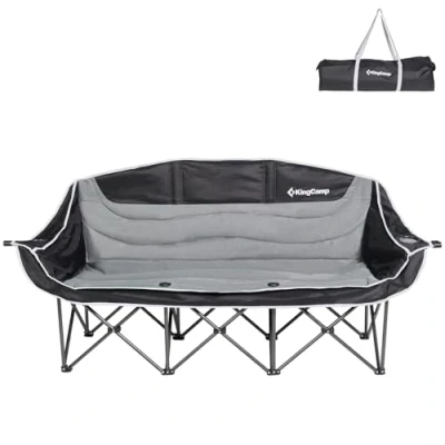 Afbeelding van KingCamp Campingstoel, inklapbaar, voor 3 personen, maximale belasting 450 kg, zits, opvouwbaar, comfortabel, XXXL, drie zitbank, gevoerd, camping, strand, tuin, zwart/grijs