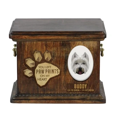 Afbeelding van Persoonlijke urn hond voor West Highland White Terrier met gravure en herinneringsdoos