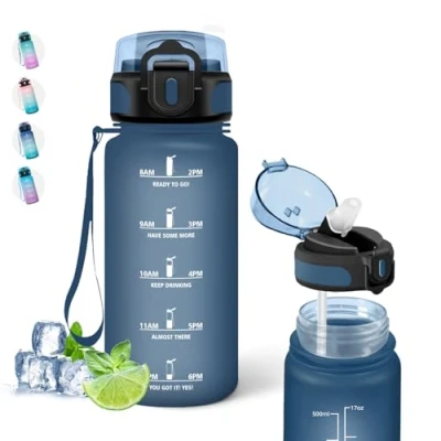 Afbeelding van Borraccia, 500 ml waterfles voor kinderen, met rietje, lekvrij, fles drinktijden, gemakkelijk te reinigen, motiverende tijdschaal, scholen, camping