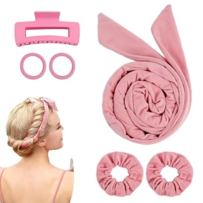 Afbeelding van Krullen zonder warmte, heatless hair curlers, fluwelen haarroller, krulspelden van fluweel voor lang haar, grote krullen, kappersgereedschap om te knutselen (roze)