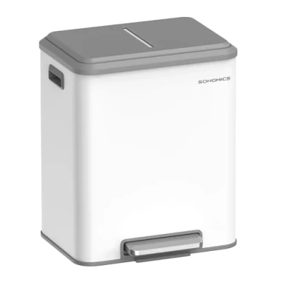 Afbeelding van SONGMICS LTB544W02 Keukenafvalemmer, selectief scheidingssysteem, 2 x 15 l, vakken voor recycling en restafval, binnenemmer, staal, softclose deksel, breed pedaal