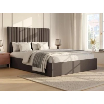 Afbeelding van Bed met opbergruimte 160 x 200 cm hoofdbord verticale stiksels Ribfluweel Taupegrijs SARAH L 170 H 120 D 214