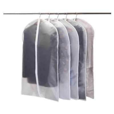 Afbeelding van Set van 5 hoogwaardige kledingtassen, transparant, 60 x 140 cm, ademende stof, voor pakken, jurken, jassen, overhemden, avondjurken, kostuumtas, opbergtas