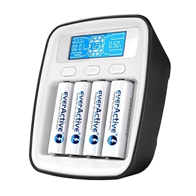 Afbeelding van everActive oplader voor 4 batterijen, AAA professioneel snel LCD scherm capaciteitstest USB type C aansluiting model NC1000M