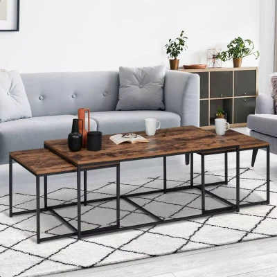 Afbeelding van Lot de 3 tables basses gigognes DAYTON 113 cm plateau épais effet vieilli design industriel