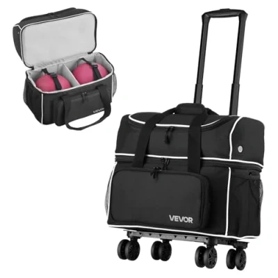 Image de VEVOR Sac de Bowling Capacité 2 Boules avec 4 Roues et Poignée Extensible Noir