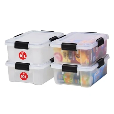 Afbeelding van Iris Ohyama, Luchtdichte opbergdoos, 10 l, 4 stuks, transparant, deksel met waterdichte afdichting, sluitclips, stapelbaar, voor buiten, garage, kleding, stofdicht, BPA vrij, AT S