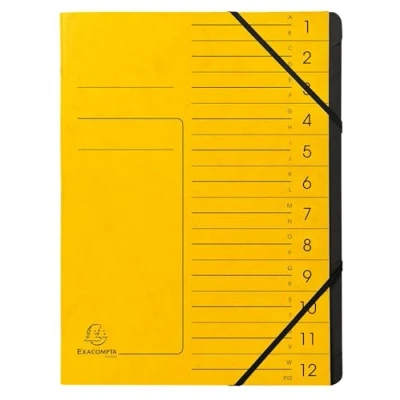 Afbeelding van Exacompta Ref. 541209E 1 Sorteermap met vaste rug en elastosluiting cover gedrukt in glanzend karton binnenin zwart gerecycleerd 12 vakken formaat 24,5x 32 cm A4 kleur geel
