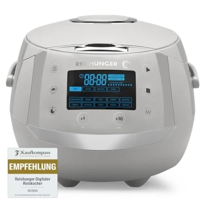 Afbeelding van Reishunger Digitale Rijstkoker in Grijs Multicooker met 12 programma&#039;s, stoominzet, premium binnenpan, timer en warmhoudfunctie Rijst voor maximaal 8 personen