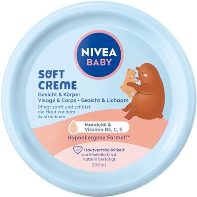 Image de NIVEA BABY Soft Crème de soin végétalienne et hypoallergénique pour la peau protège renforce hydratante bébé avec huile d&#039;amande vitamines, sans microplastiques ni parabènes
