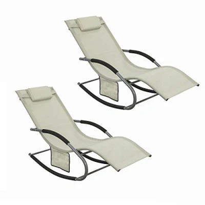 Afbeelding van SoBuy® OGS28 MIx2 schommelstoel voor de tuin, met voetensteun, zonnebaden, schommelstoel, crèmekleurig, 2 stuks
