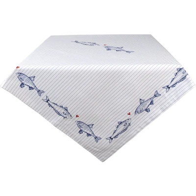 Afbeelding van Clayre &amp; Eef Tafelkleed 130x180 cm Wit Blauw Katoen Rechthoek Vissen